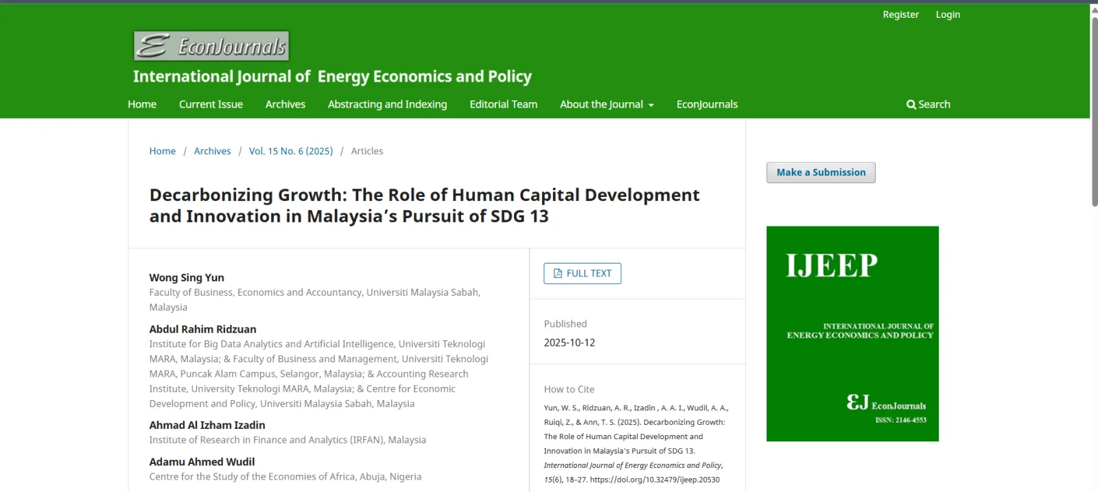 Decarbonizing Growth: The Role of Human Capital Development and Innovation in Malaysia’s Pursuit of SDG 13