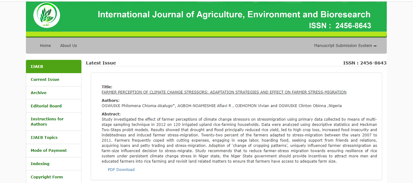 FARMER PERCEPTION OF CLIMATE CHANGE STRESSORS: ADAPTATION STRATEGIES AND EFFECT ON FARMER STRESS-MIGRATION