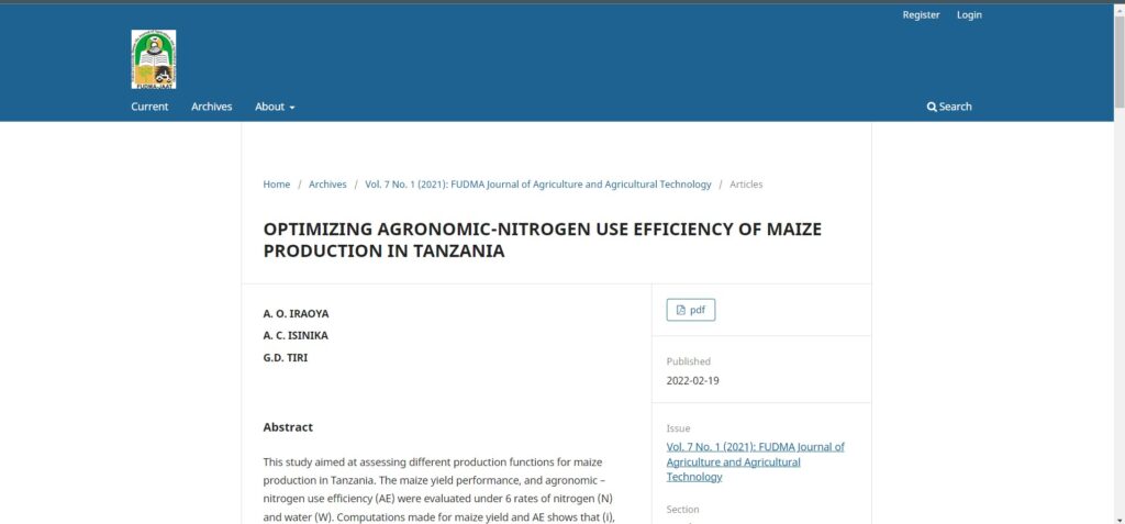 Optimizing Agronomic-Nitrogen Use Efficiency of Maize Production in Tanzania