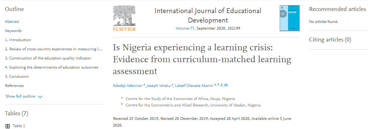 Is Nigeria experiencing a learning crisis: Evidence from curriculum-matched learning assessment