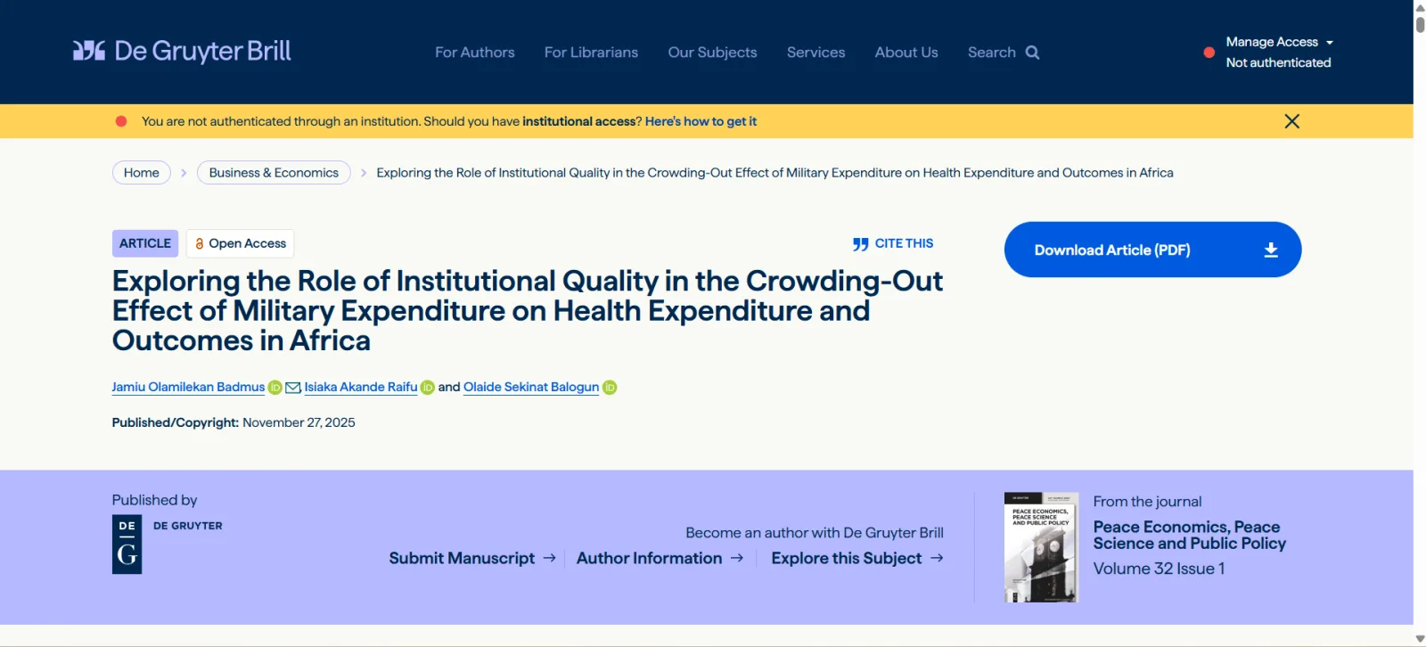 Exploring the Role of Institutional Quality in the Crowding-Out Effect of Military Expenditure on Health Expenditure and Outcomes in Africa
